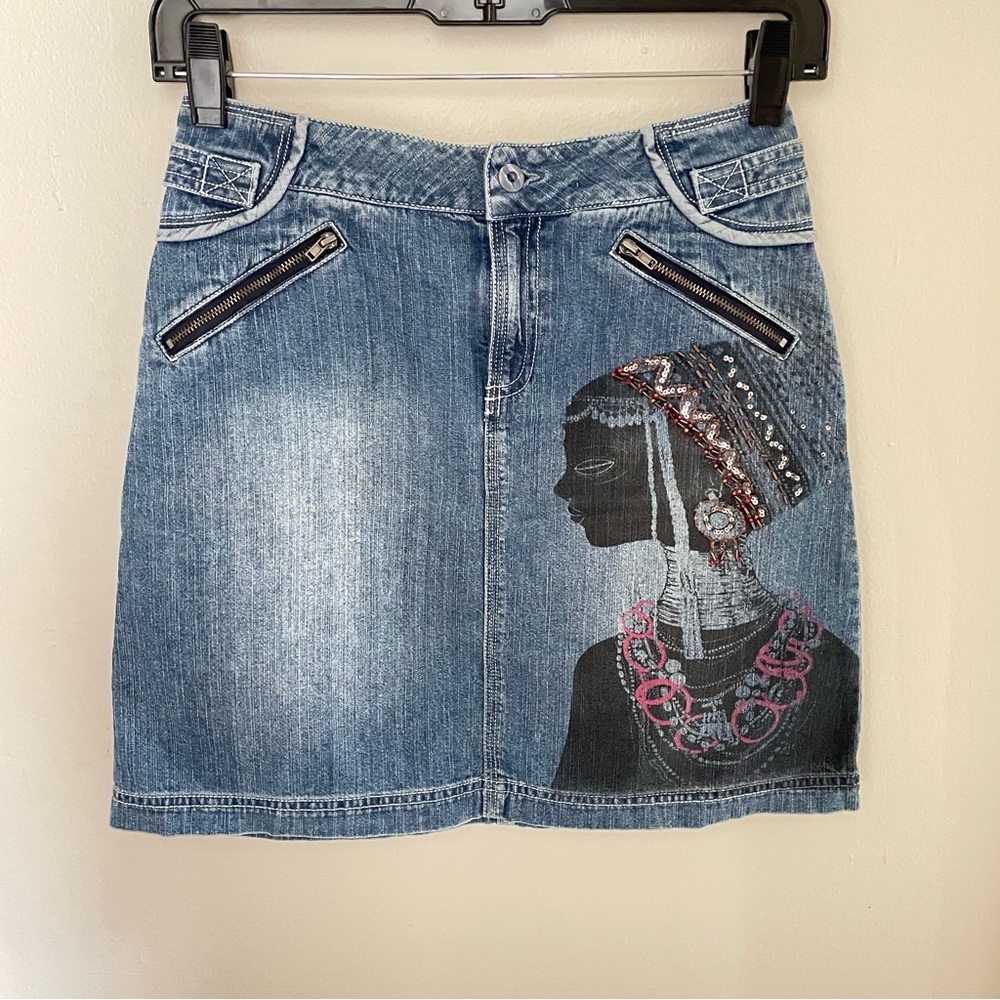 Embellished Denim Skirt with Artistic Print